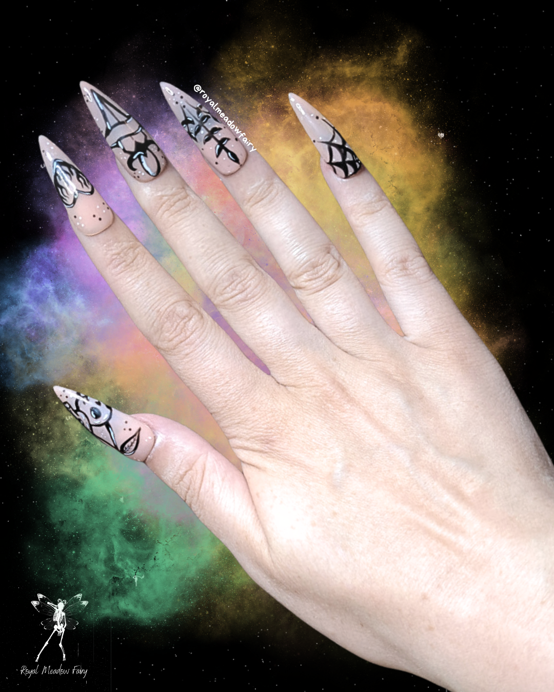 nude press on nails with blackwork style tattoo flash designs nail art