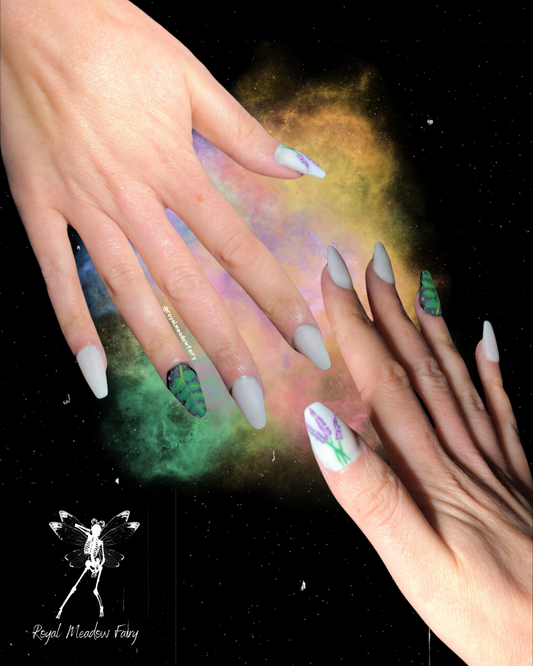 white base stick on nail with leaf and lavender nail art