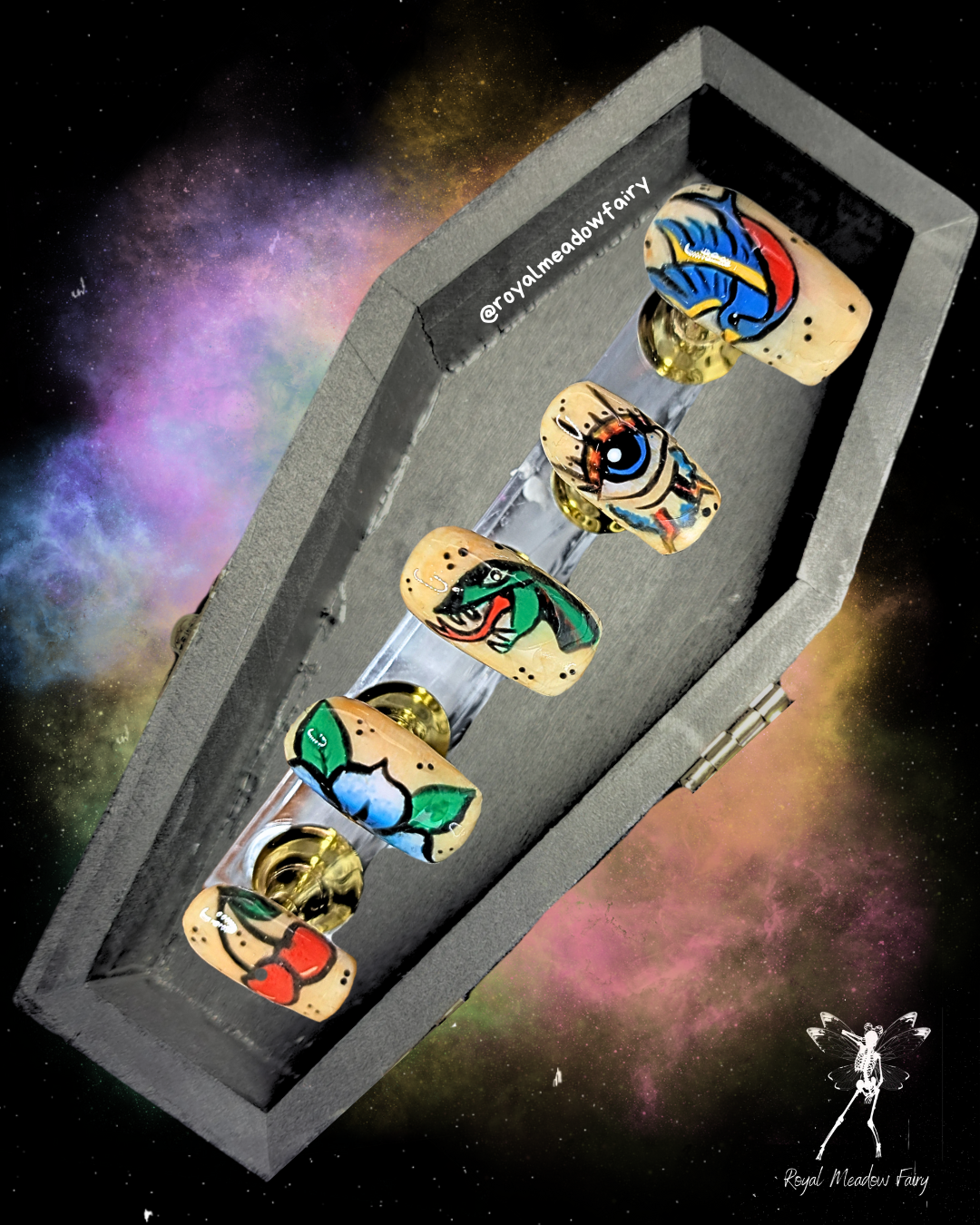 neo trad tattoo style stick on false nails with swallow, storm colour eye, snake, flower and cherry's nail art design