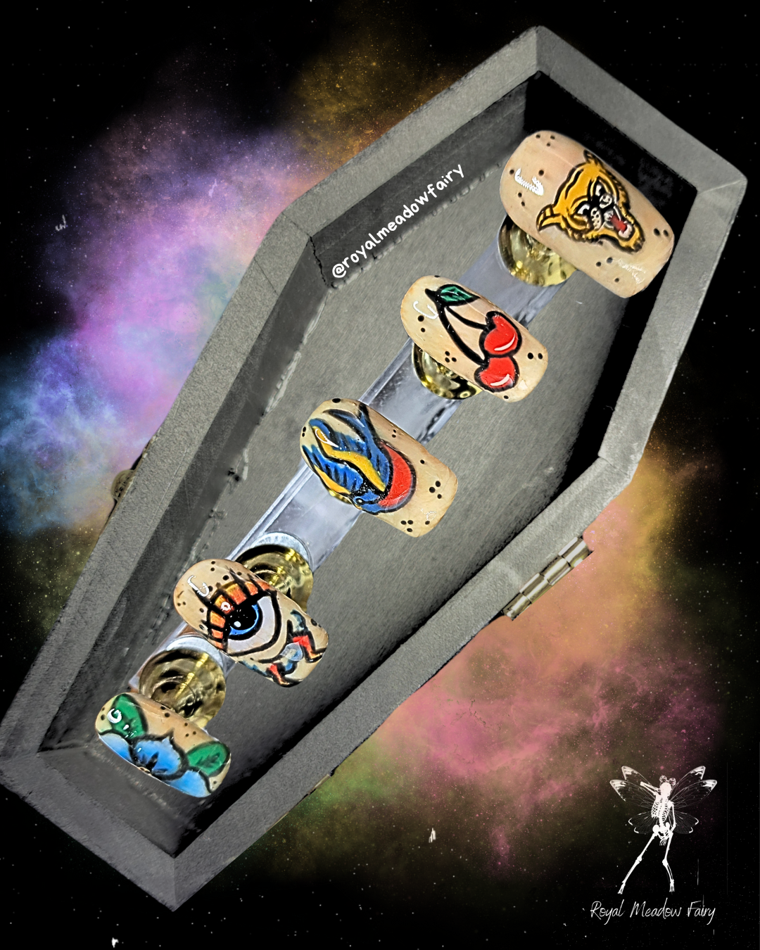 colourful neo traditional tattoo style stick on nails flower, eye, swallow, cherry's, tiger