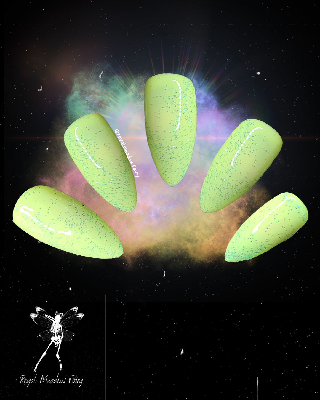 Neon yellow press on nails with blue glitter accent