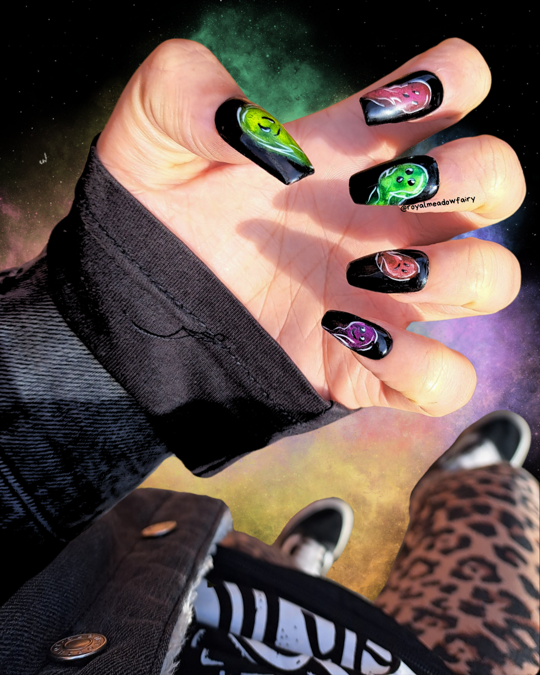 neon bright colourful ghosts on black press on nails