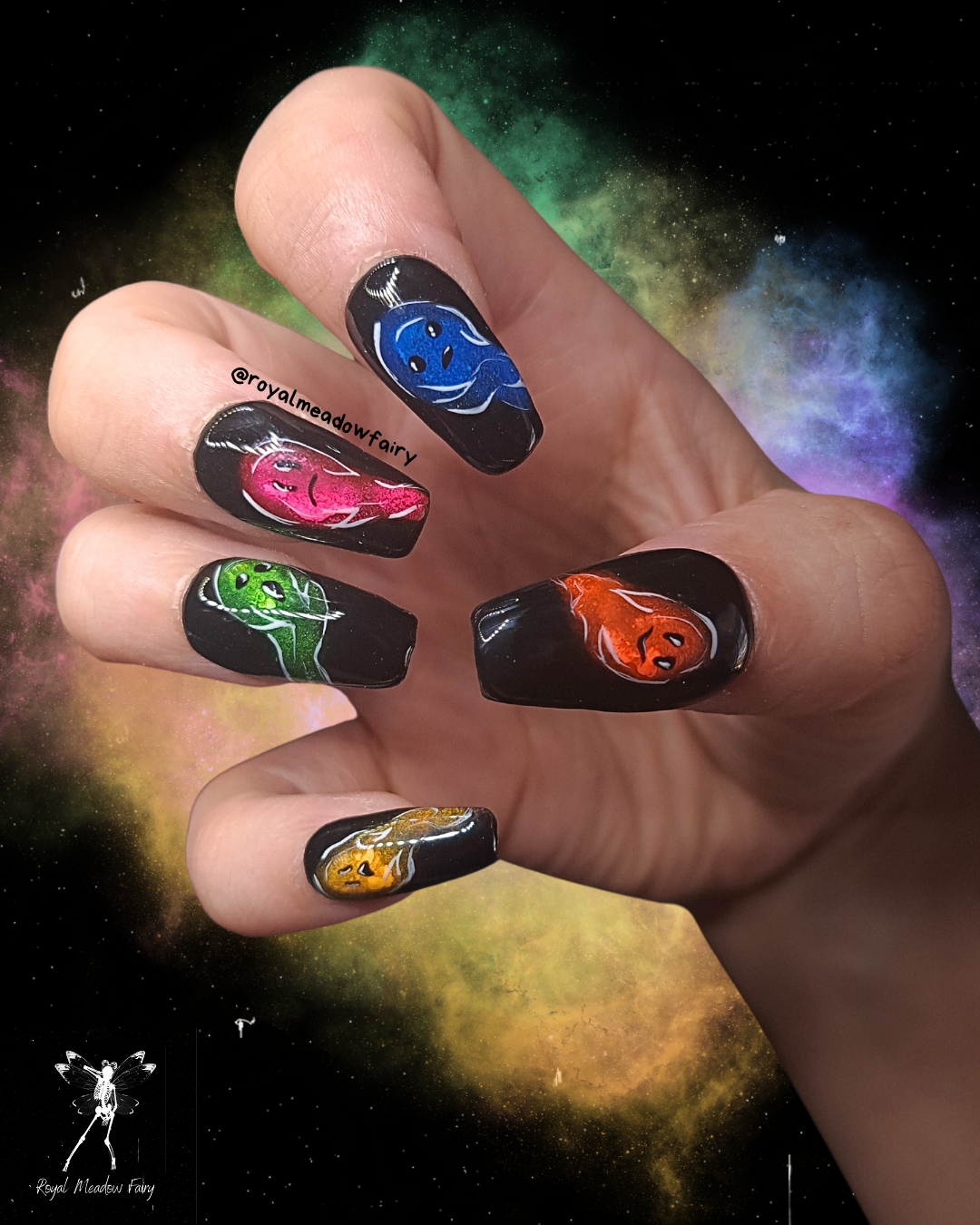 uk black alt press on nails with cute neon Halloween ghosts
