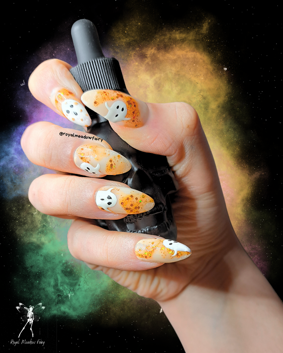 halloween glitter orange glue on fake nails with ghost nail art design
