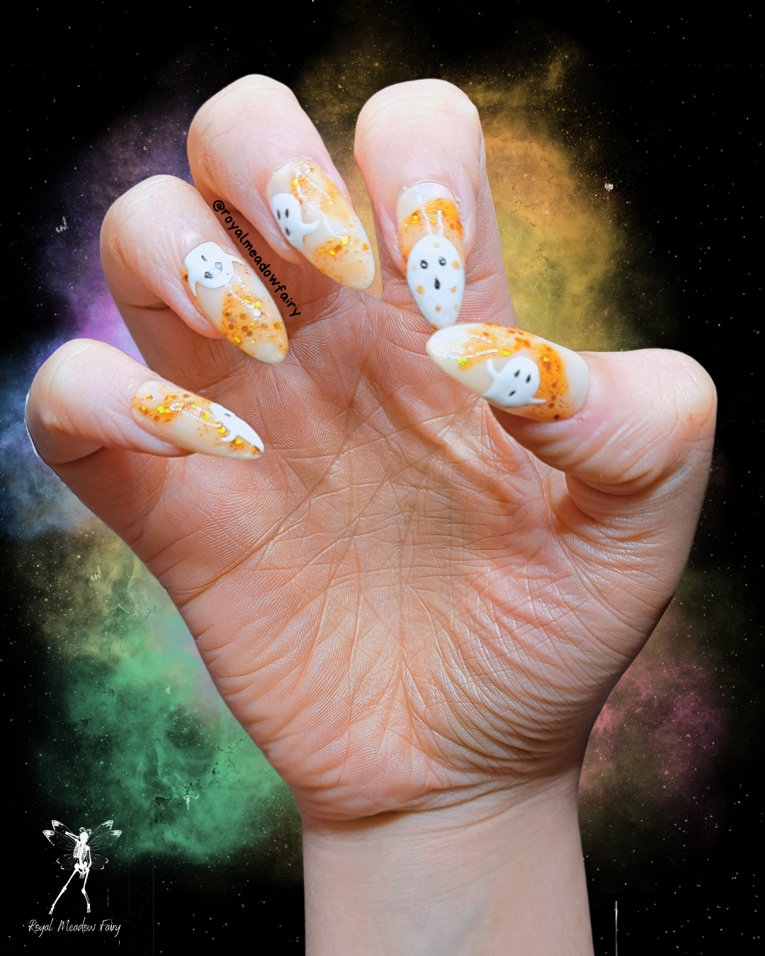 orange glitter spooky cute ghosts Halloween press on nails UK