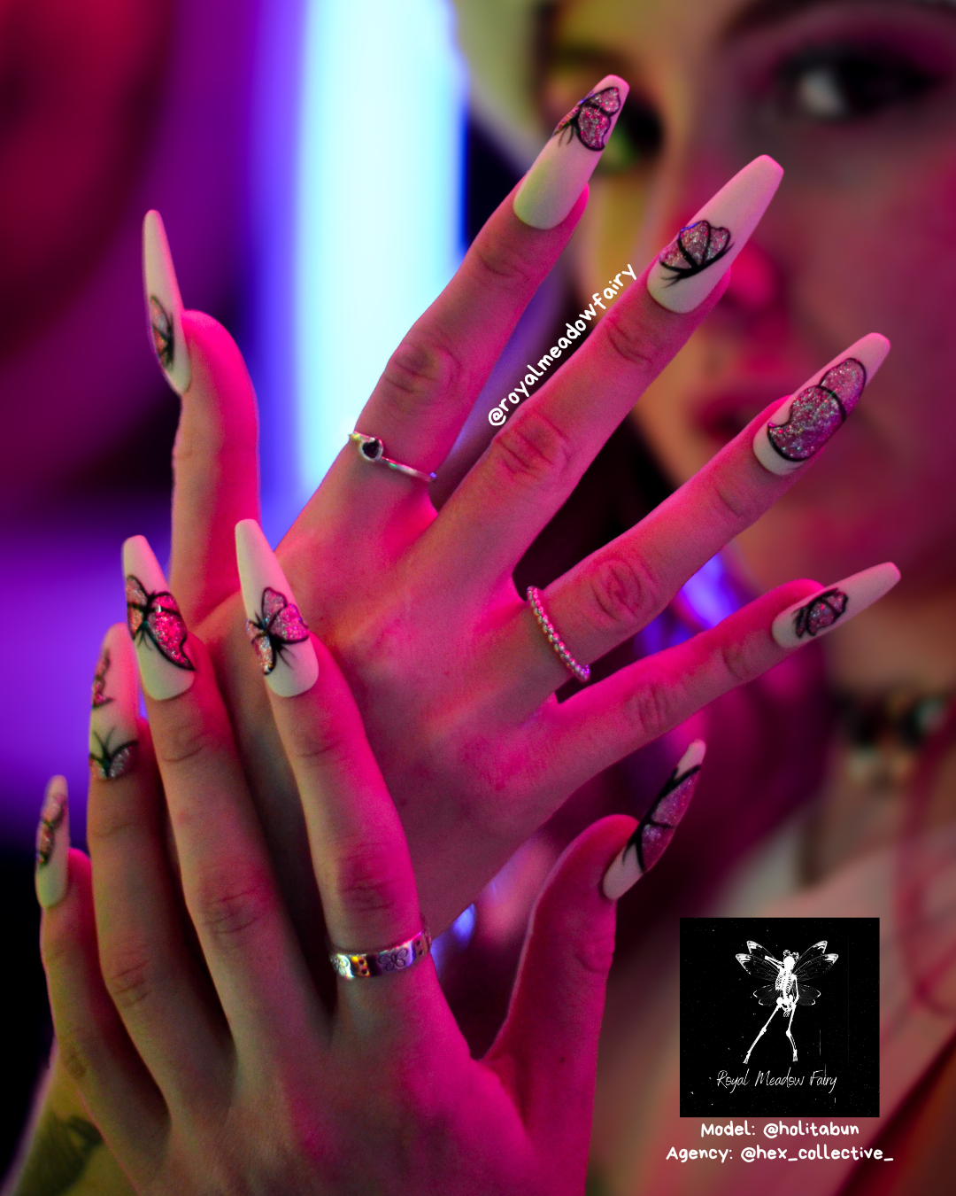 best quality press on nails uk. white and purple shimmer matte nails with pink glitter butterfly nail art design