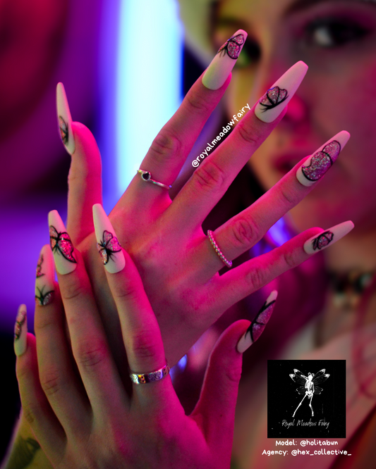 best quality press on nails uk. white and purple shimmer matte nails with pink glitter butterfly nail art design