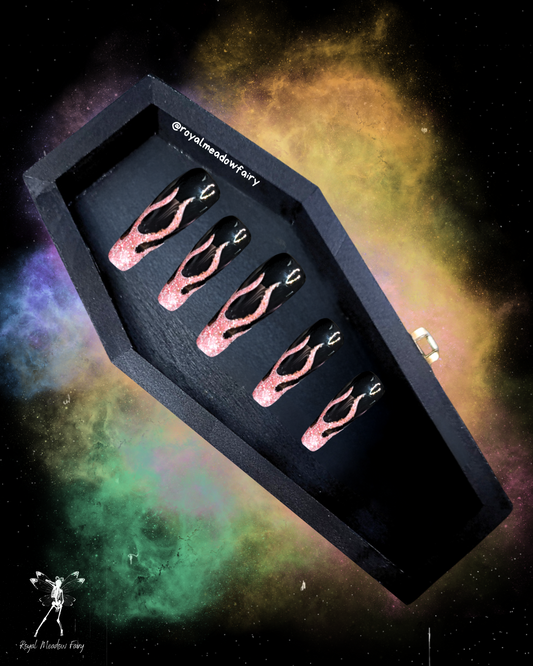 gloss black press on nails with pink glitter flame nail art