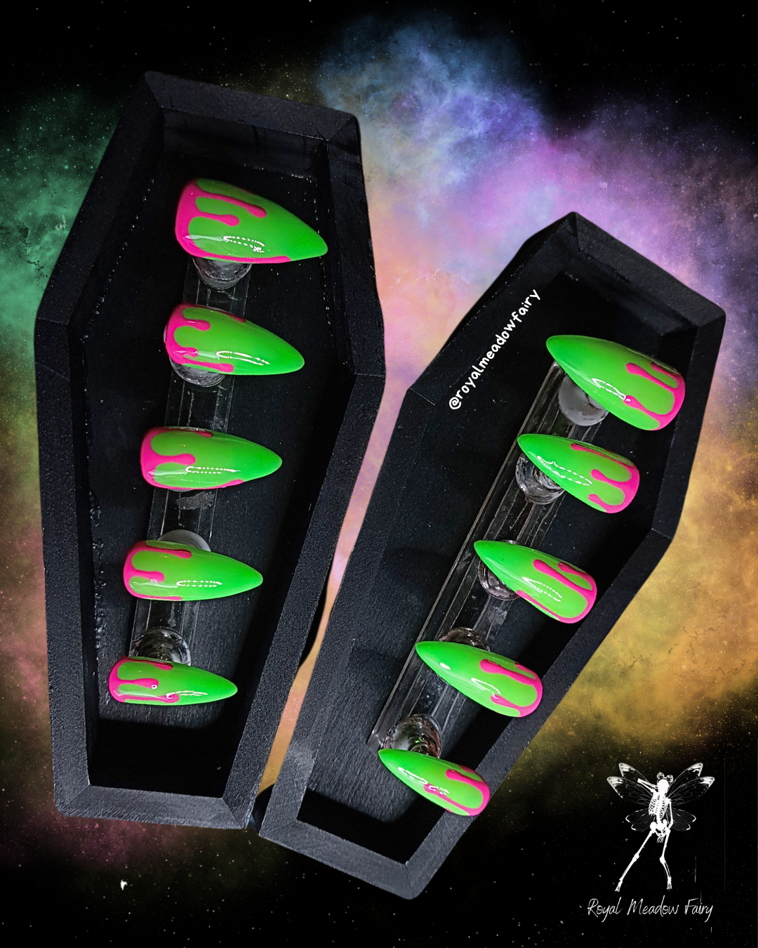 Lime green and magenta pink drip press on nails top nails in the UK durable salon quality