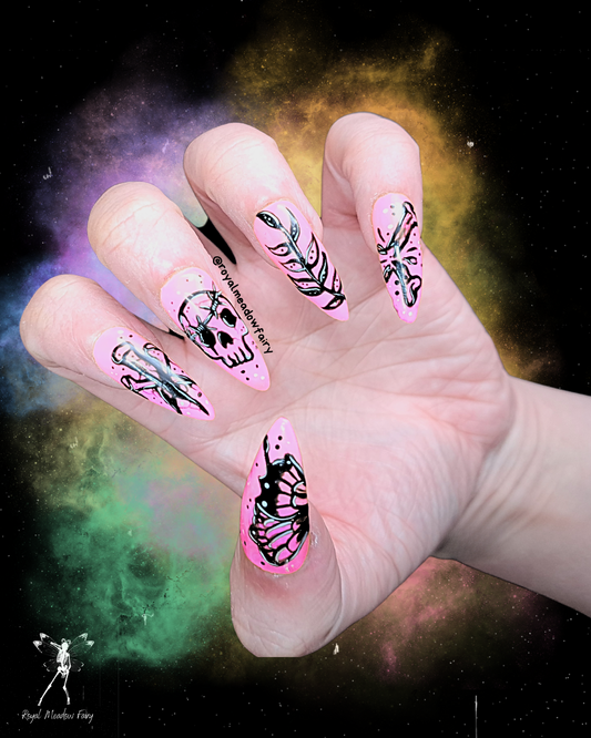 pink pastel goth blackwork tattoo skull press on nails UK