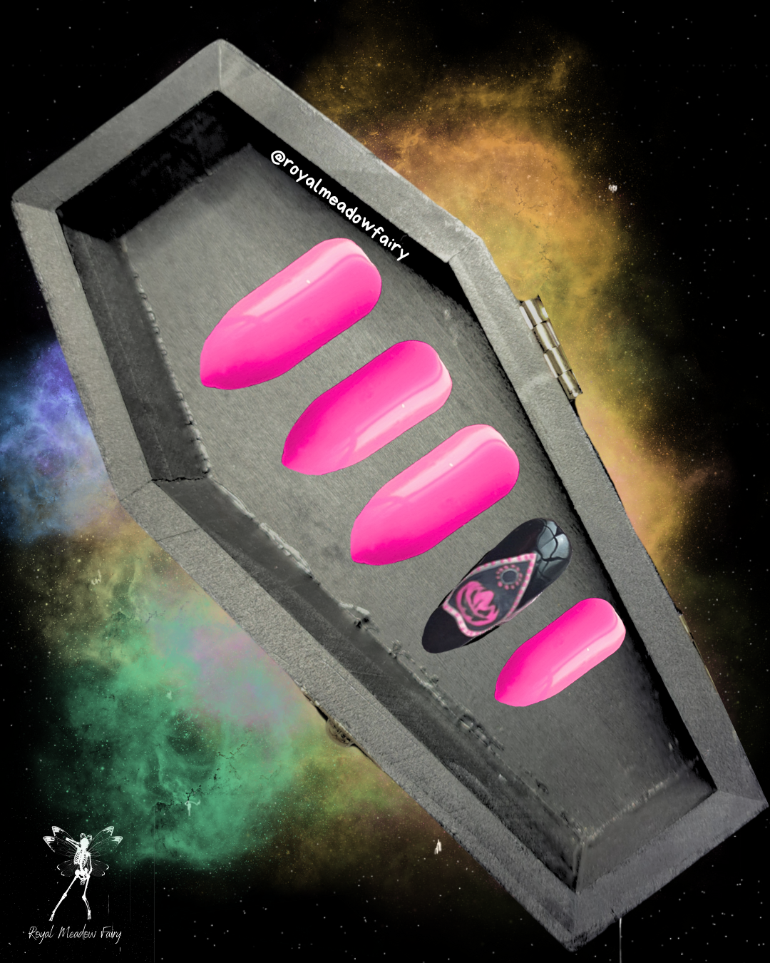 pink press on nails with pink and black planchette and pumpkin halloween nail art