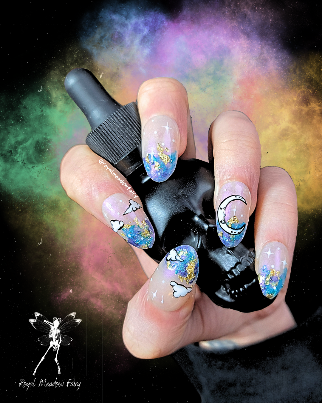 iridescent sky press on nails with gold leaf and white cloud and moon nail art design