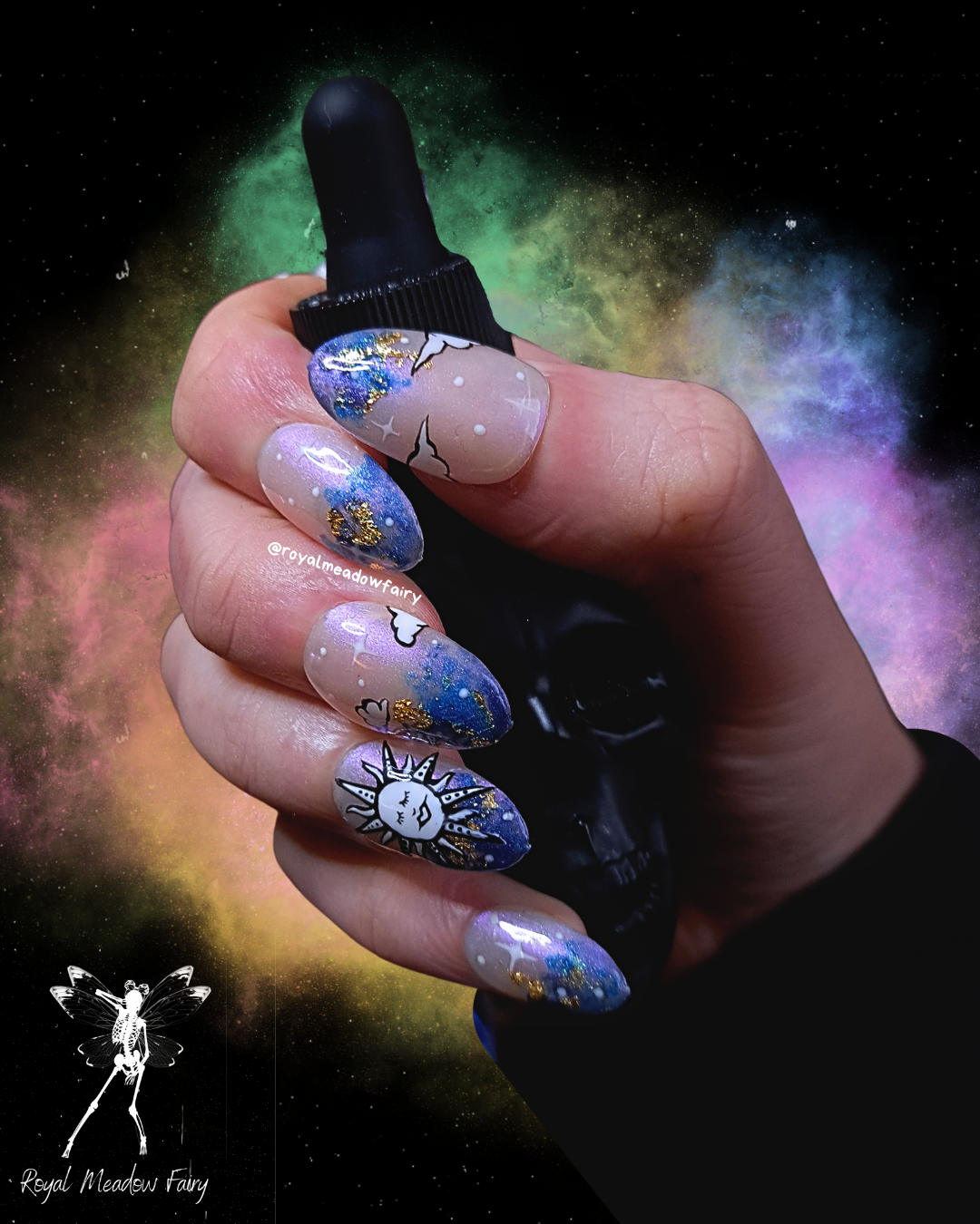 sun and cloud nail art design press on nails with a shimmer sky and gold leaf accent, best uk press on nails