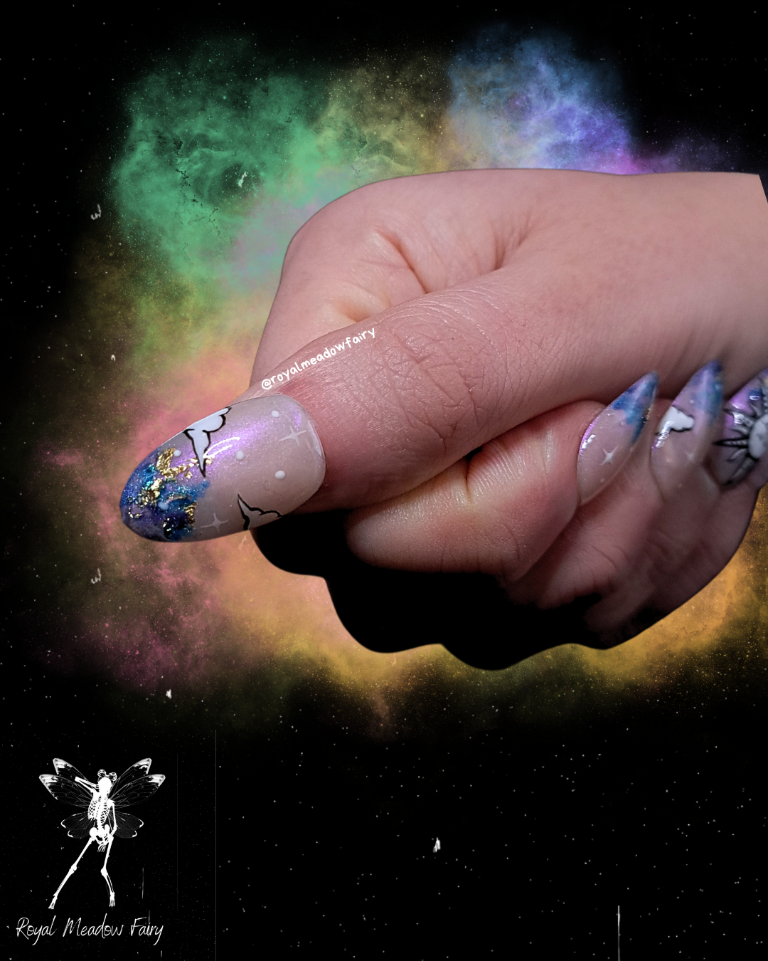 iridescent sky press on nails with gold leaf accent