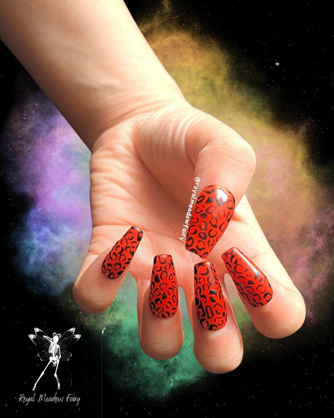 bright red press on fake nail enhancements with black leopard print nail art medium gloss coffin