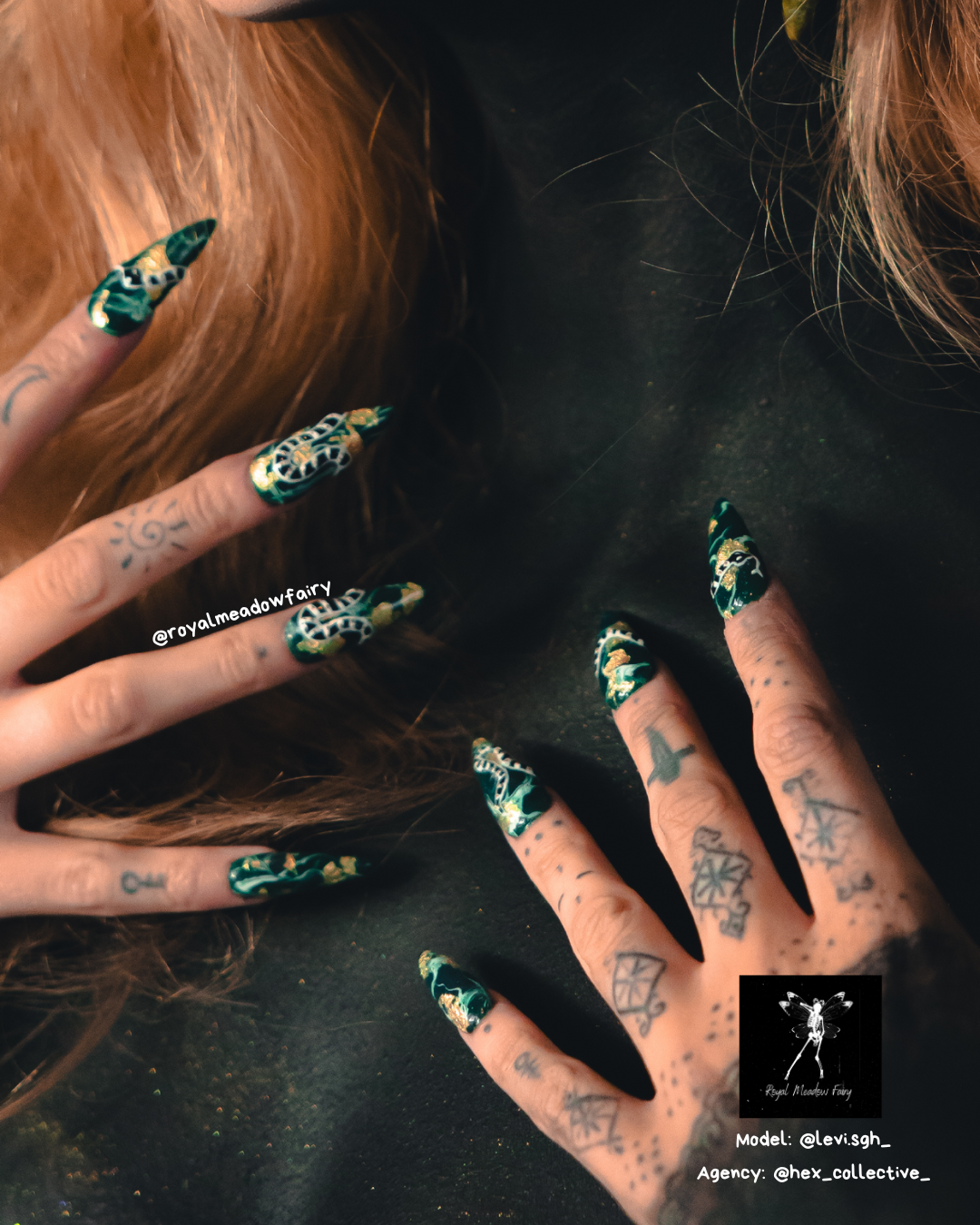 green and white marble press on nails with gold leaf and serpent nail art deign best quality in the uk