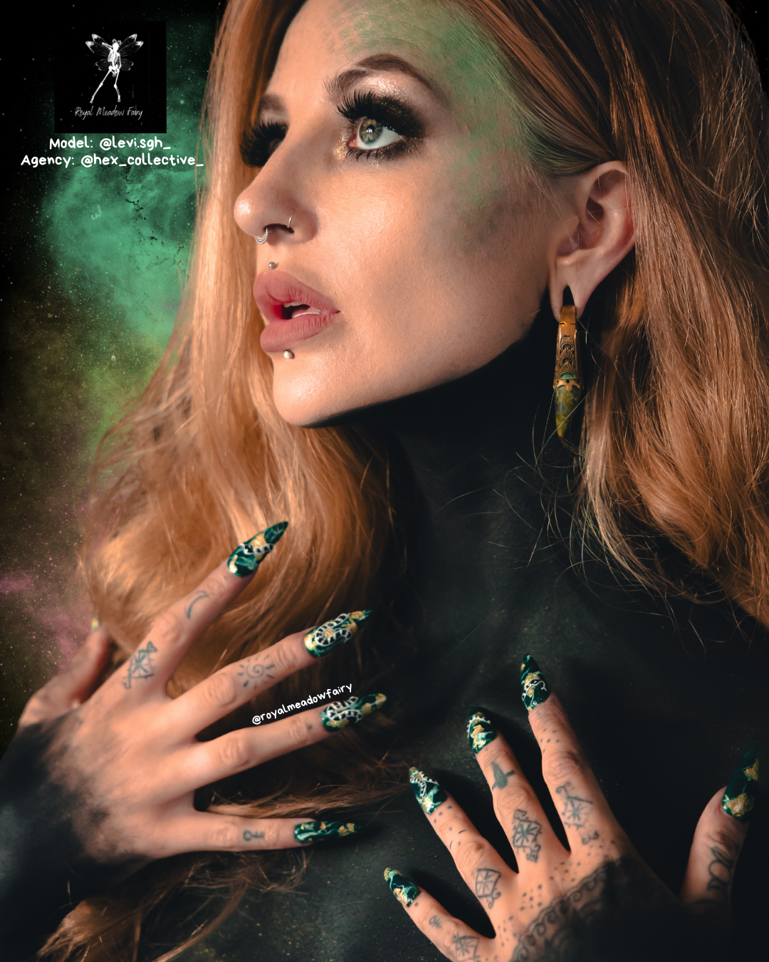 strong press on nails with green marble gold leaf and snake nail art design