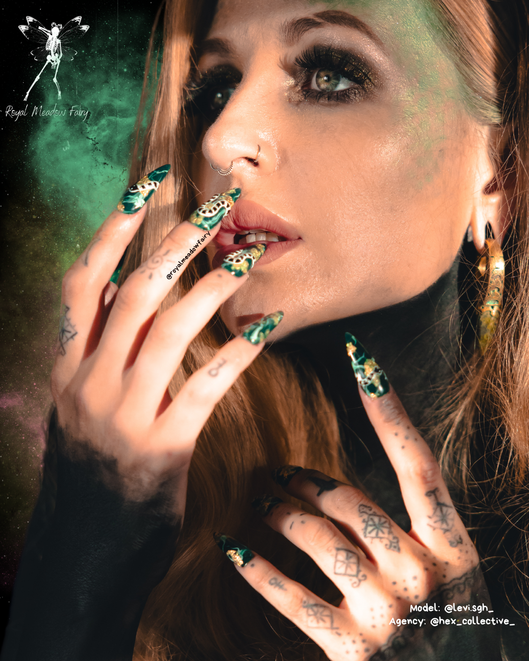 green marble press on nails with gold leaf and serpent nail art design