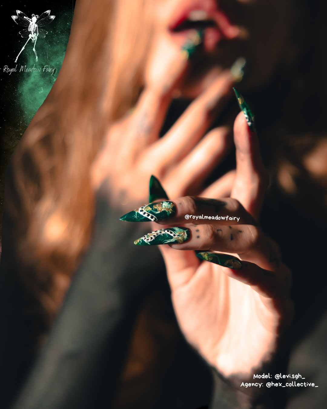 best uk press on nails with green and white marble, gold leaf and serpent nail art design