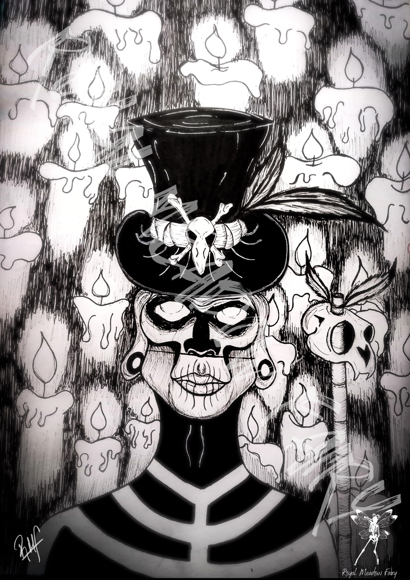 pen drawing of a voodoo witch doctor surrounded by a wall of candles and holding a skull topped staff