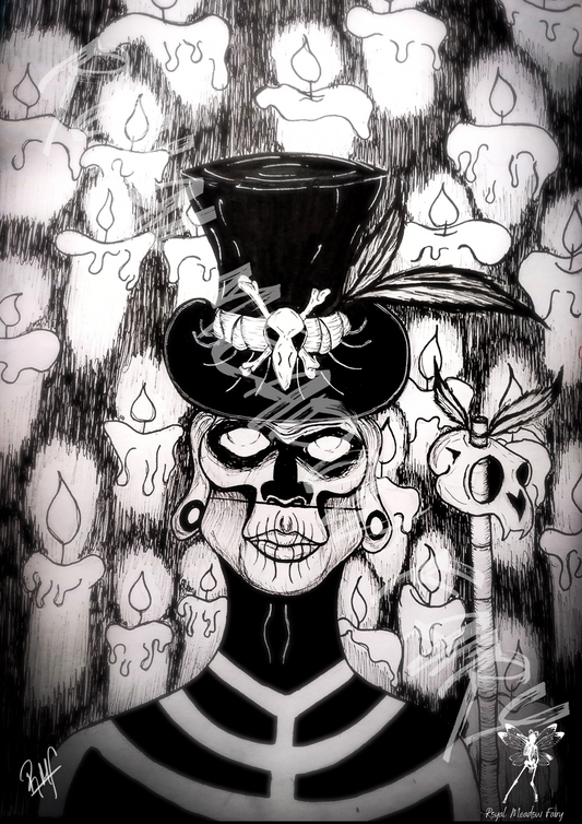 pen drawing of a voodoo witch doctor surrounded by a wall of candles and holding a skull topped staff