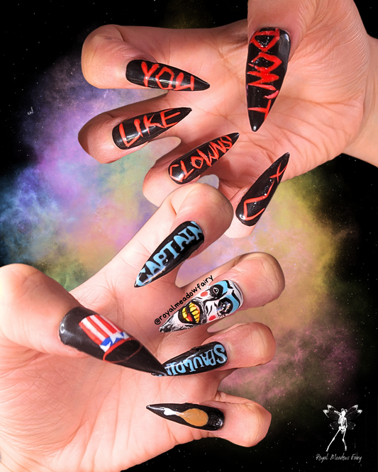black stick on fake nail extensions with Captain Spaulding rob zombie clown nail art