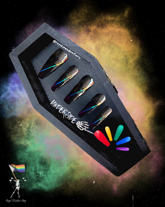 black and rainbow stripe glue on fake nail extensions lgbtq pride queer