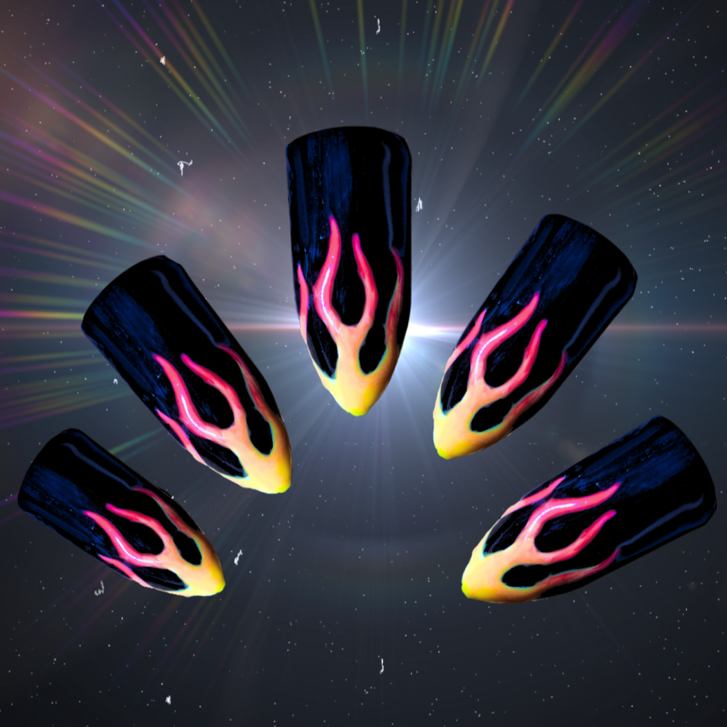 gloss black press on nails with red, orange and yellow ombre flame nail art