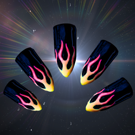 gloss black press on nails with red, orange and yellow ombre flame nail art