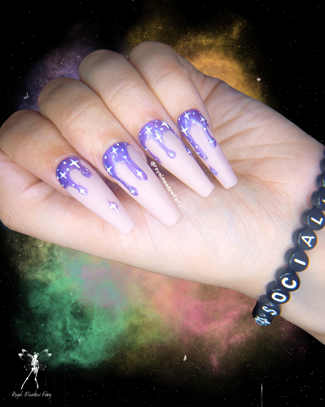 milky white press on nails with shimmer purple drip nail art design UK