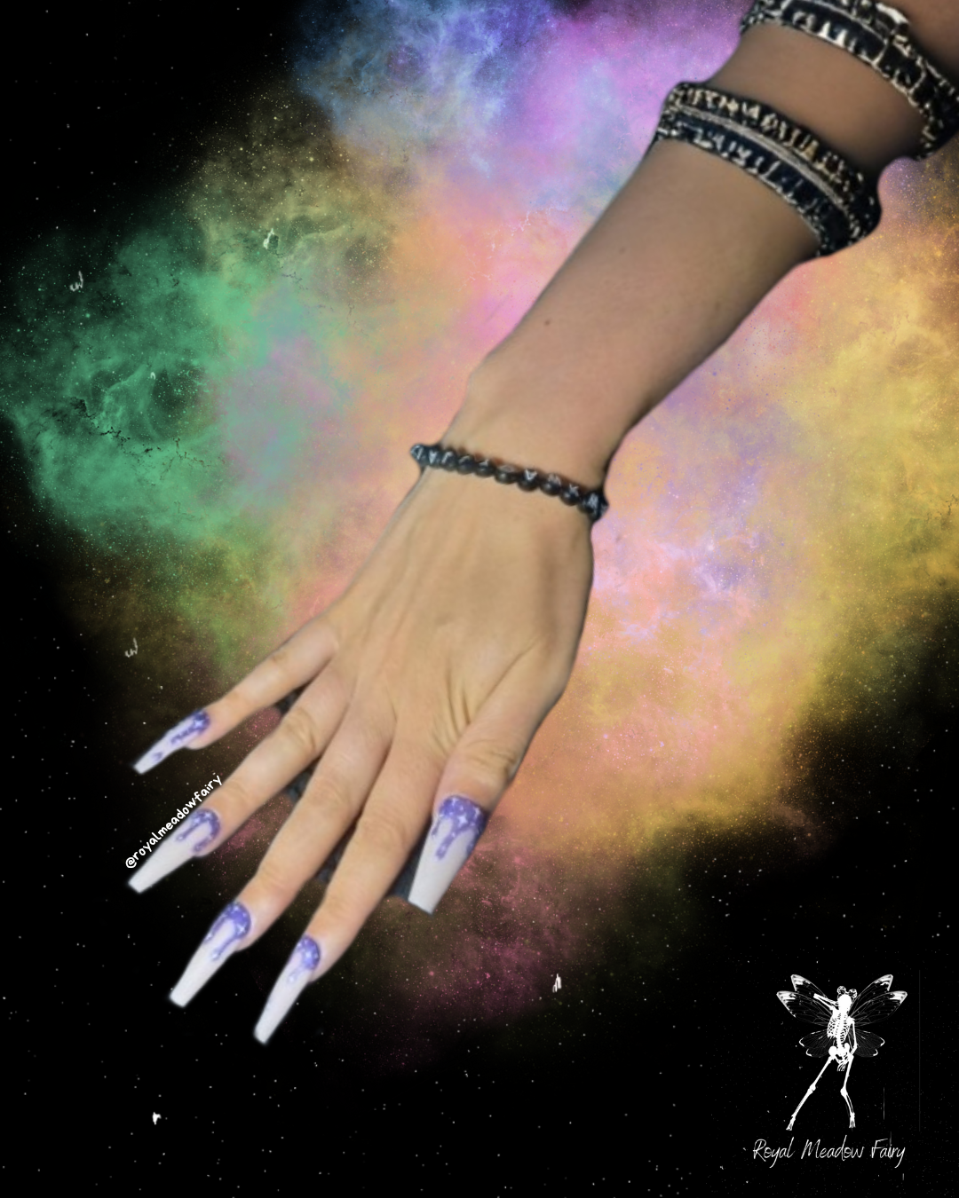 matte pink long coffin glue on fake nail extensions with glitter purple glossy drip nail art and white stars