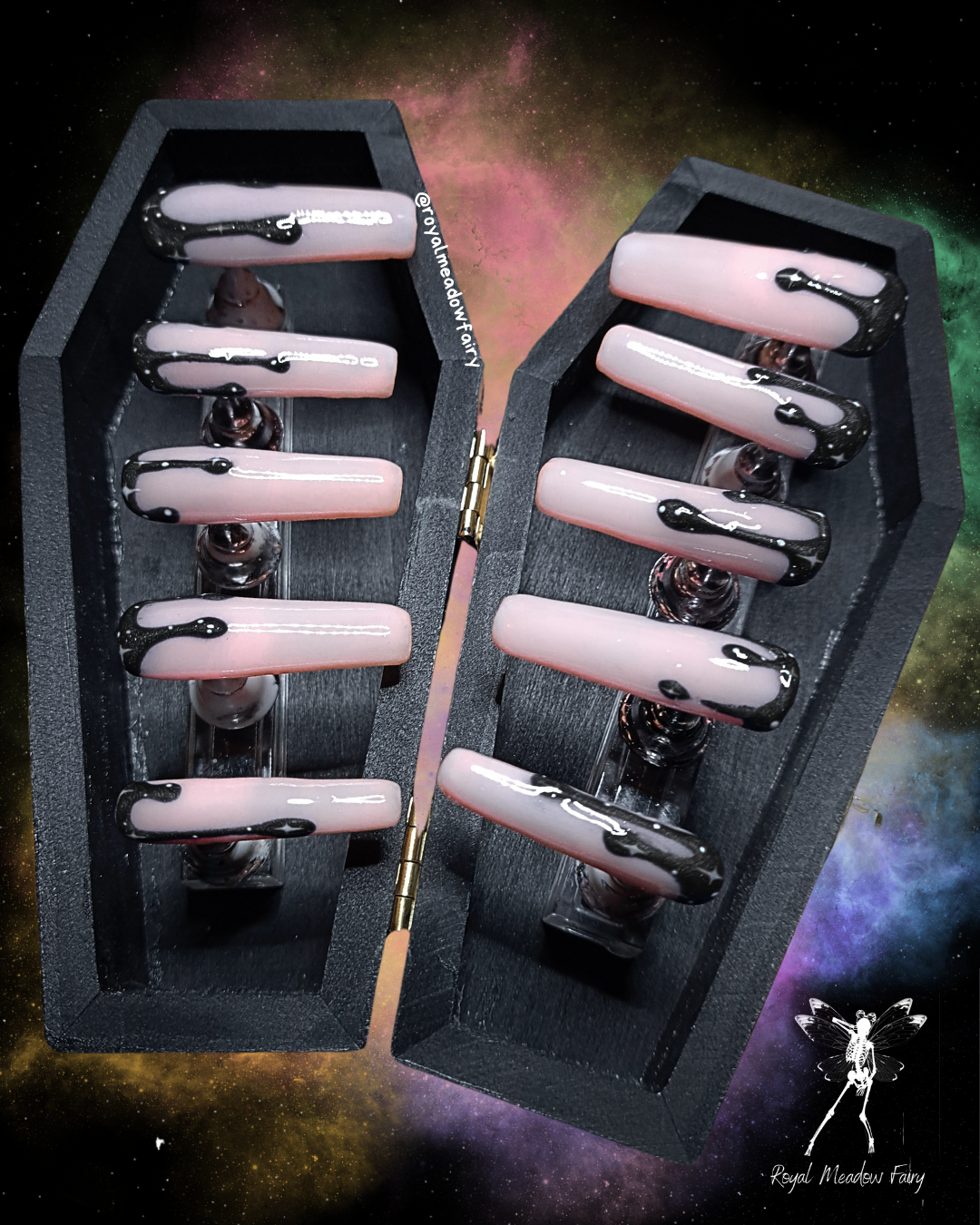 black drips with stars UK durable press on nails