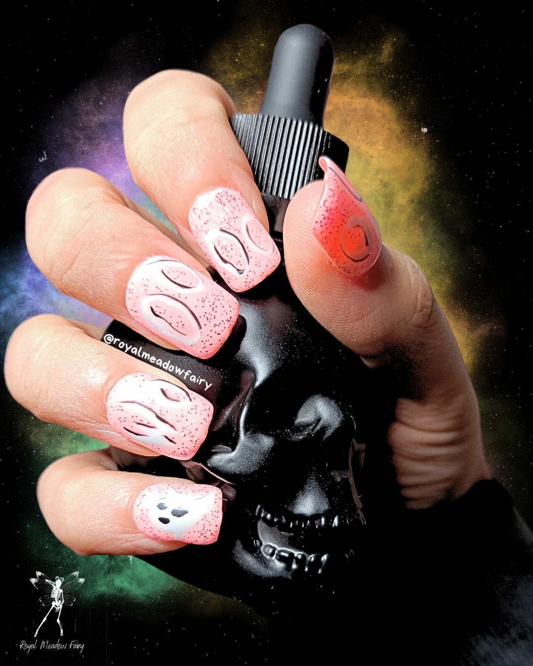 baby pink girly press on nail extensions with white ghost and woo writing nail art design and silver glitter sparkly halloween pastel goth