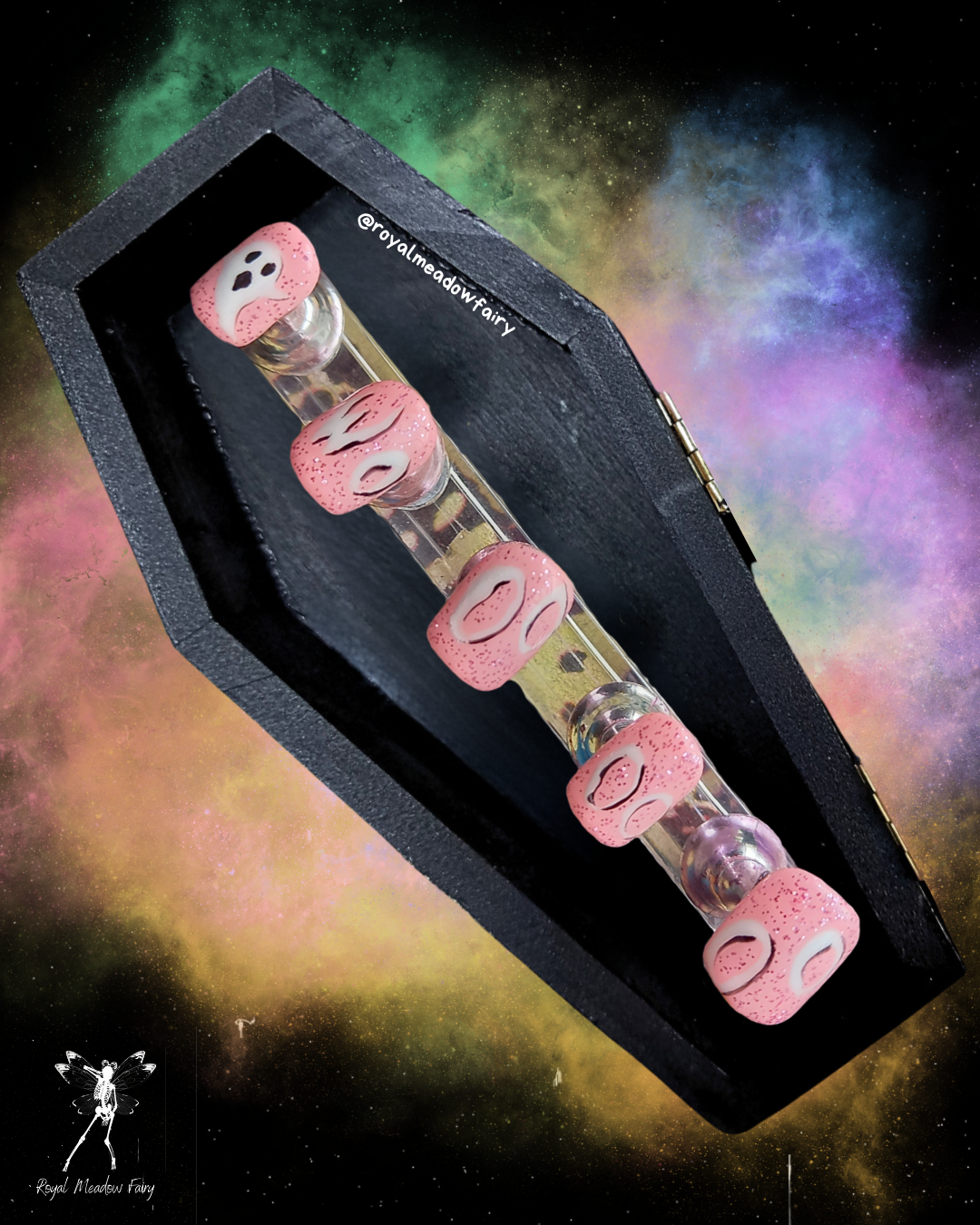 pastel goth girly halloween stick on light baby pink nail enhancements with white ghost and woo writing nail art design