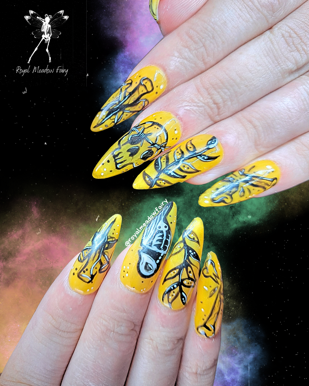yellow grunge alt gothic press on nails with skeleton blackwork tattoo nail art design
