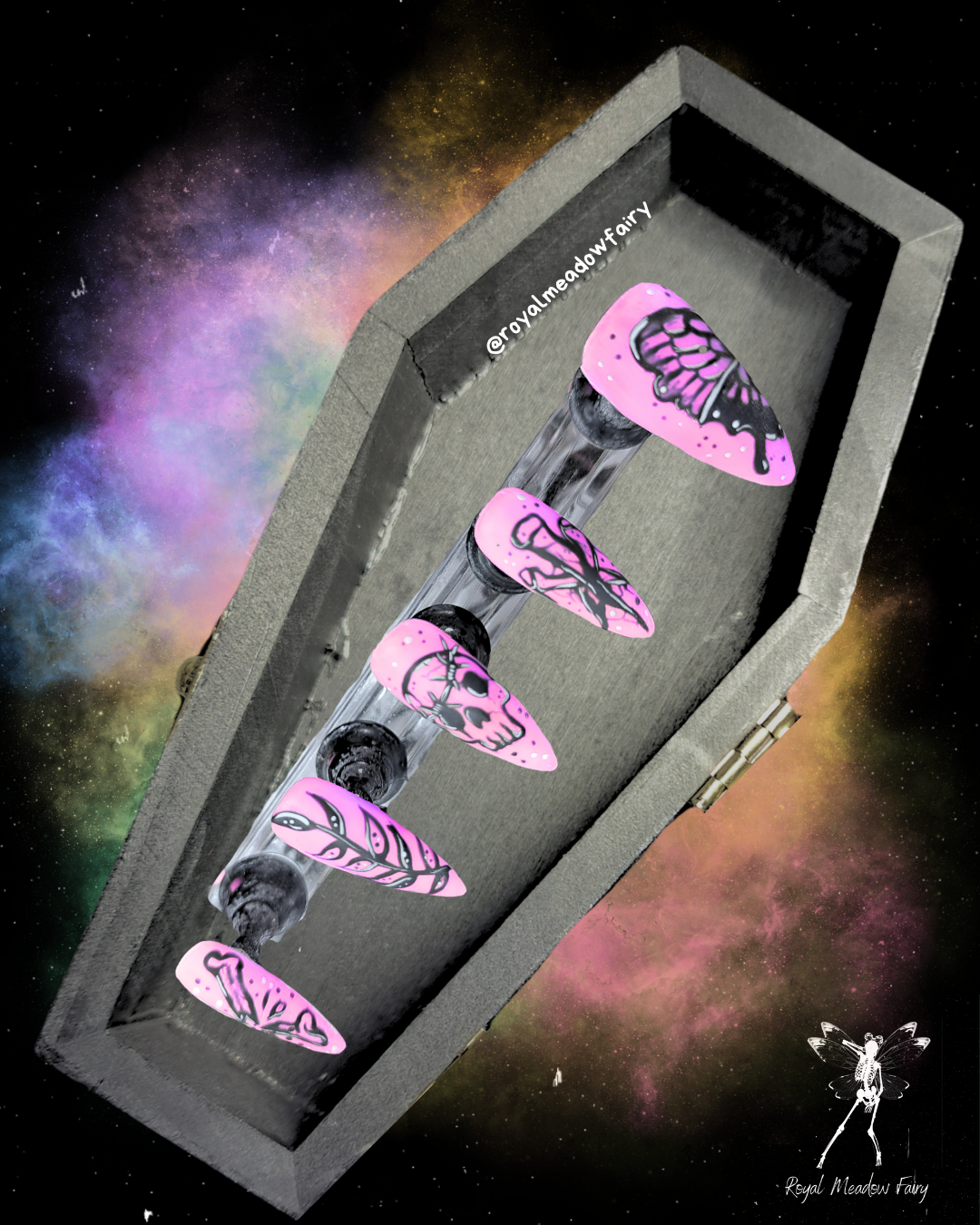 UK pastel goth press on nails with skull bone and butterfly tattoo nail art