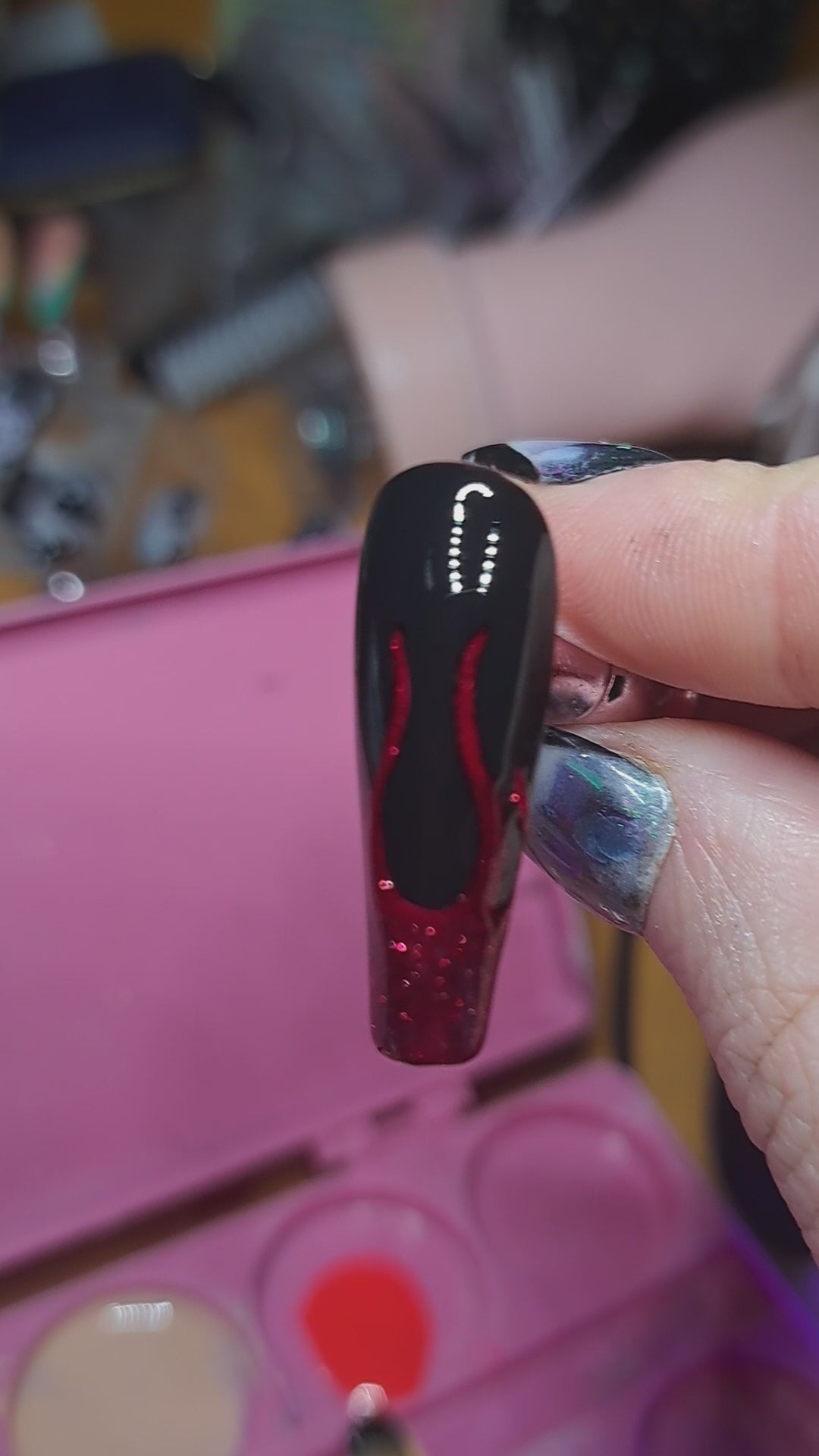 handmade uk press on nails with red glitter flame nail art design