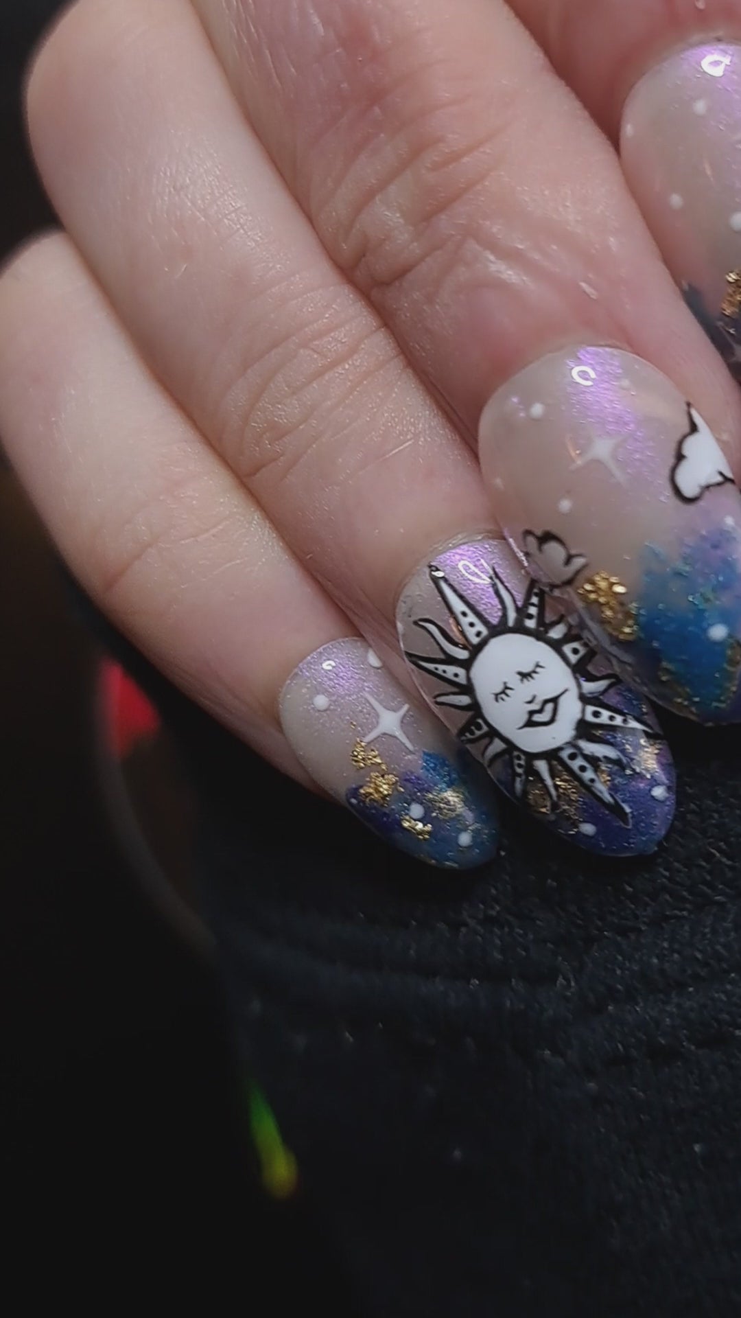 uk best press on nails celestial nail art design with shimmer and gold leaf accents
