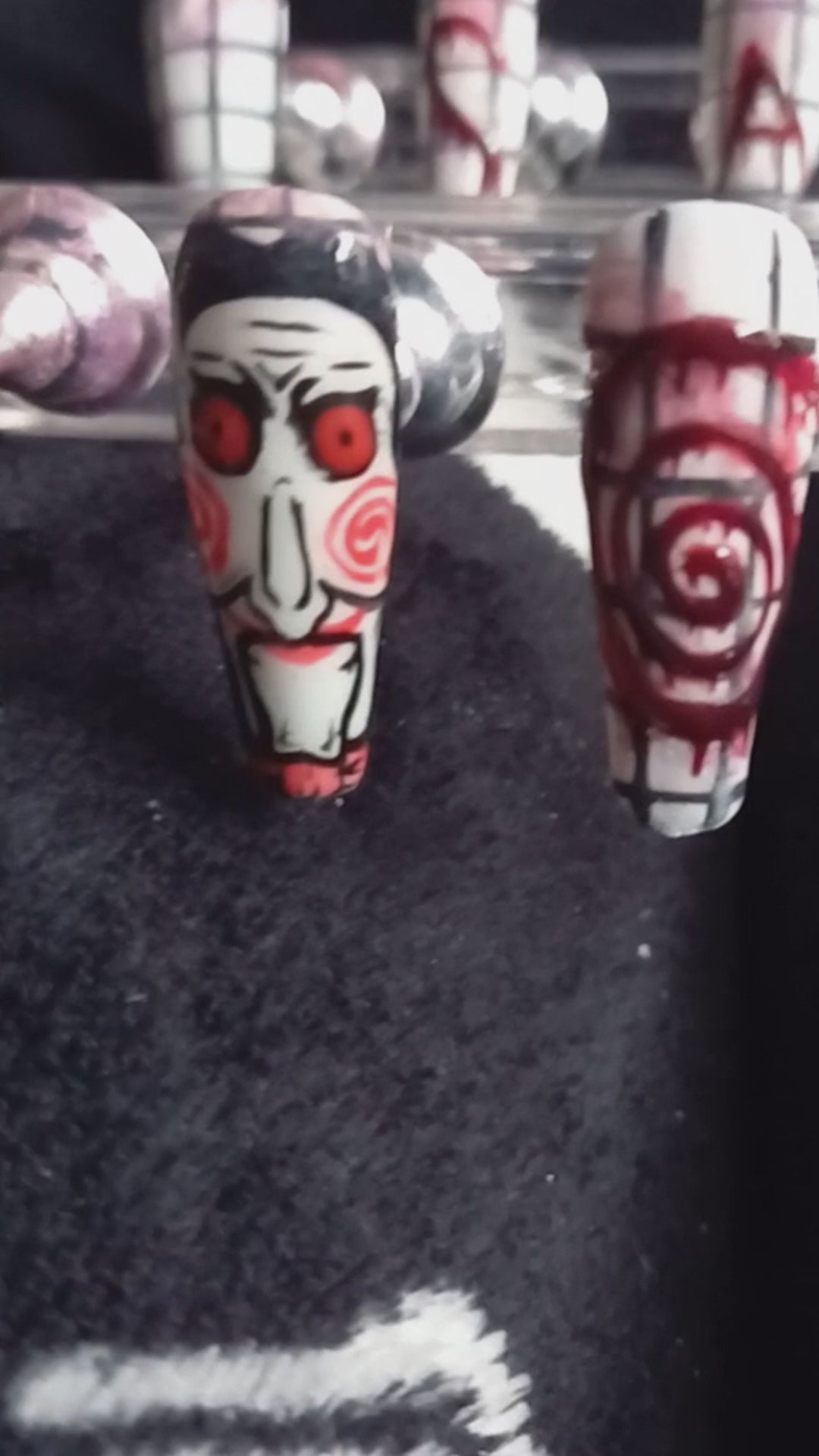 hand painted saw jigsaw inspired press on nails horror movie blood drip nail art design