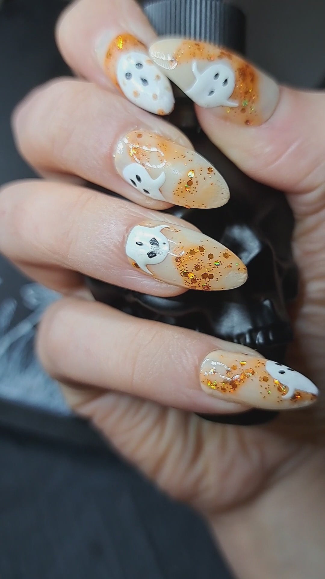 UK salon quality press on nails hand painted orange glitter and cute Halloween ghosts