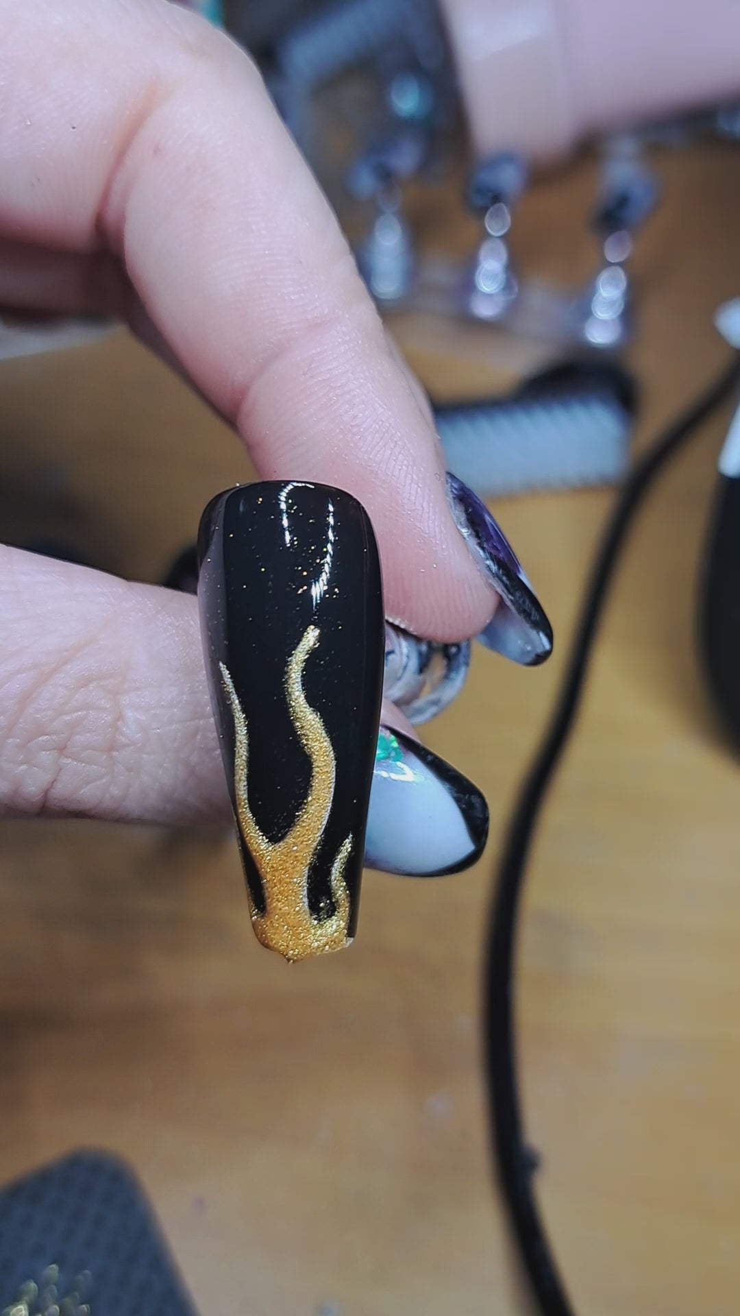 best uk press on nails gold glitter flames on black base