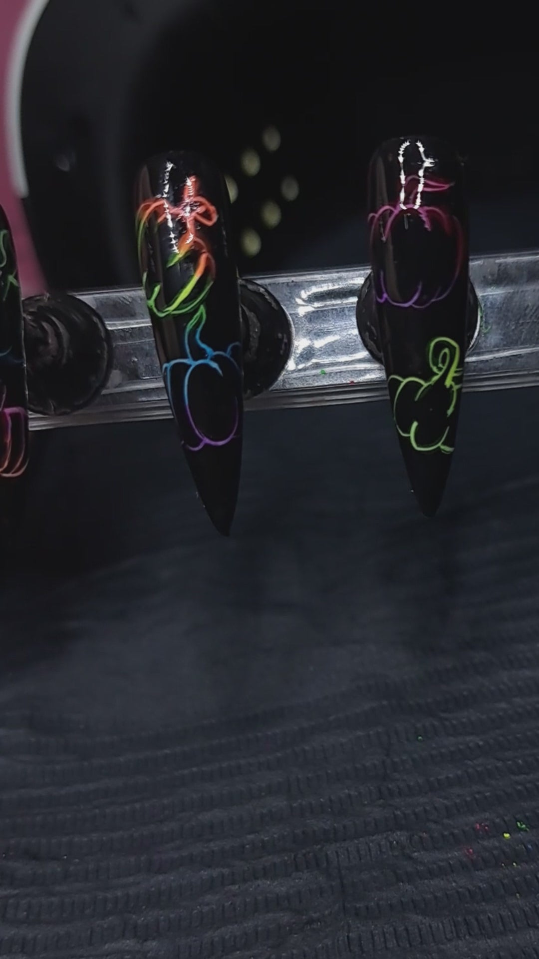 hand painted neon rainbow pumpkin press on nails UK