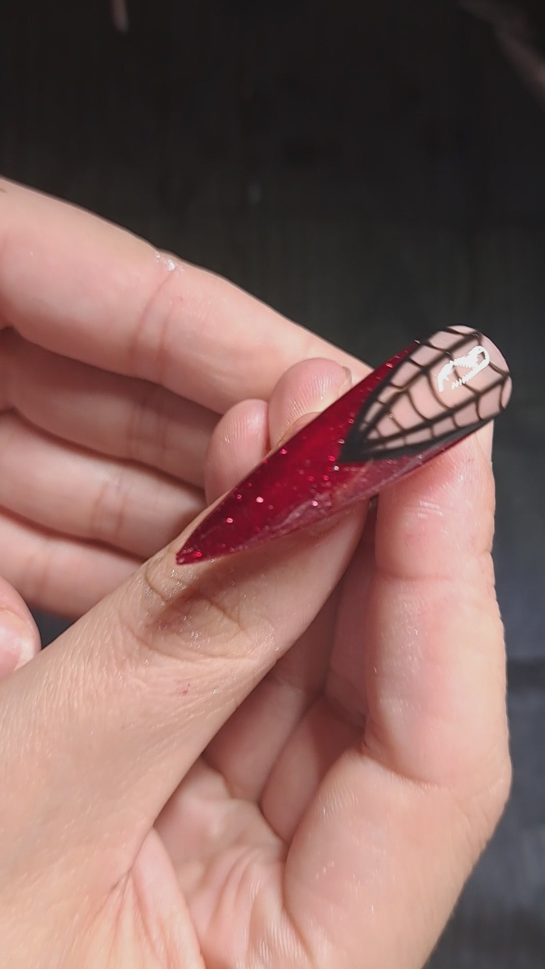 red glitter french tip with hand painted spiderweb nail art design alt gothic UK press on nails