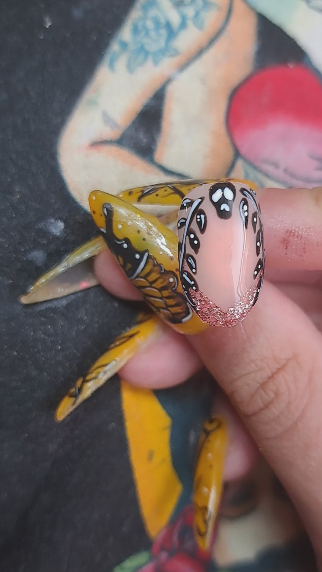 pink glitter french tip press on nails with alt gothic skull vine nail art design