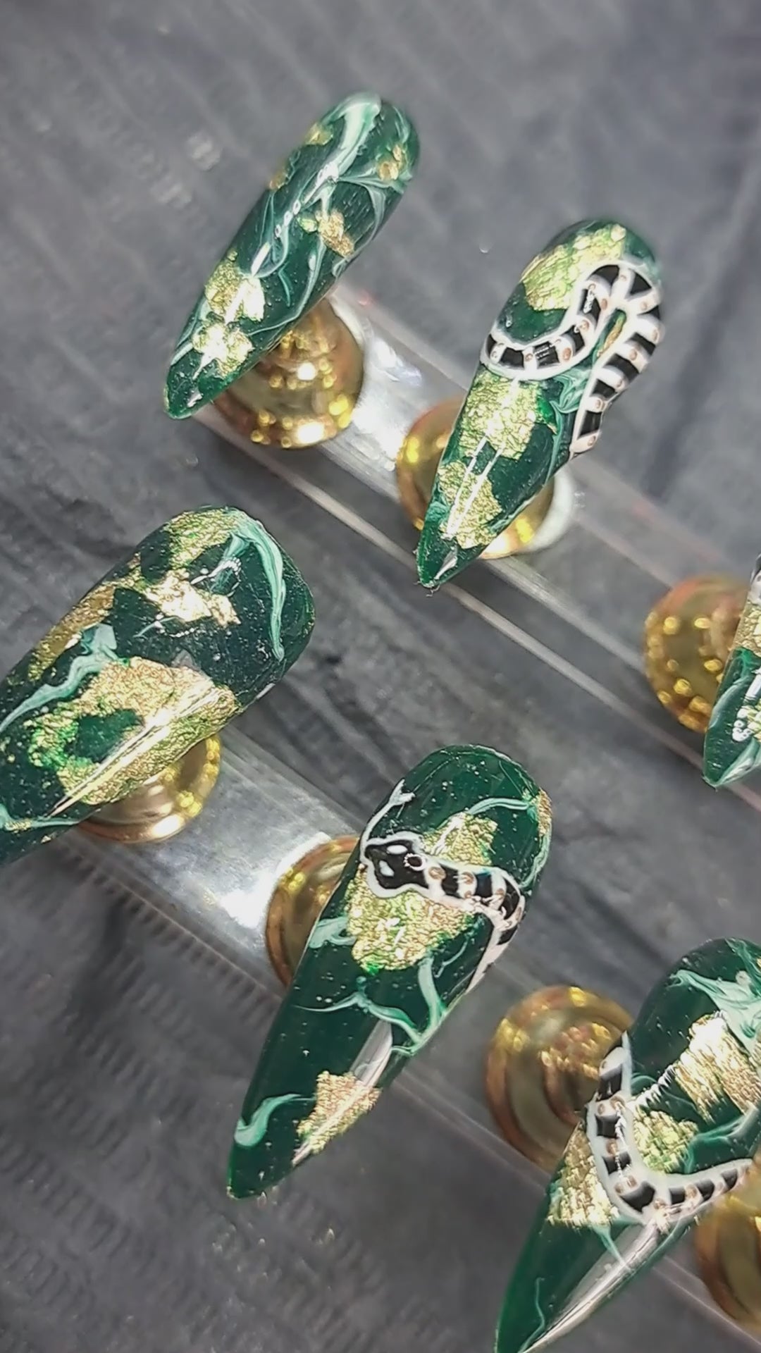 best uk strong press on nails green gold leaf and hand painted snake nail art design