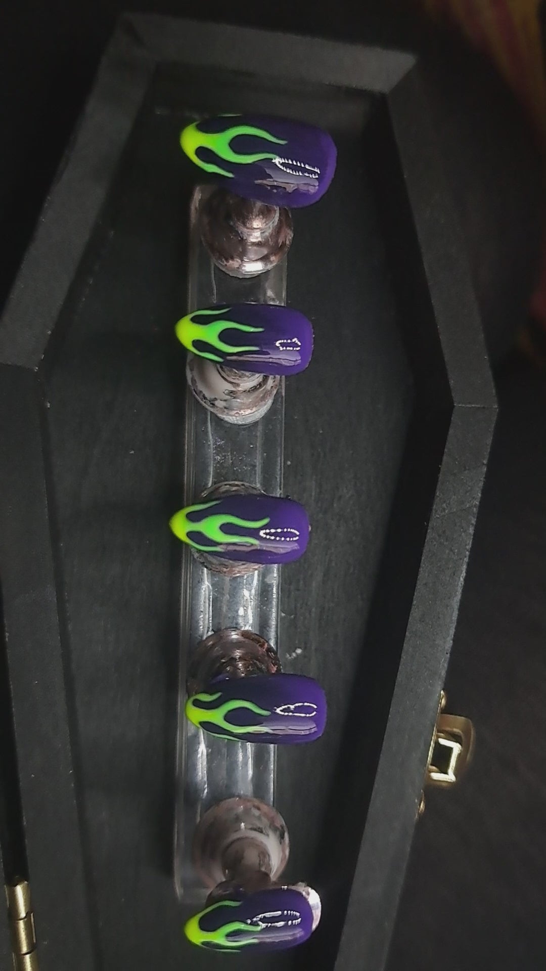 purple and black ombre press on nails with green and yellow ombre hand painted nail art