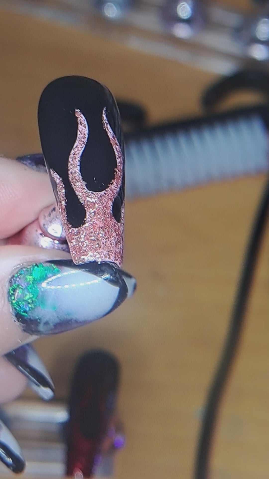 pink glitter flame nail art handmade uk press on nails