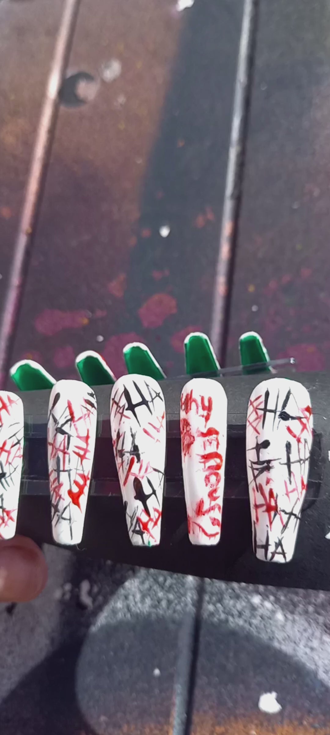 why so serious the joker DC comics press on nails with horror bloody writing and green peekaboo underside of the nail uk delivery