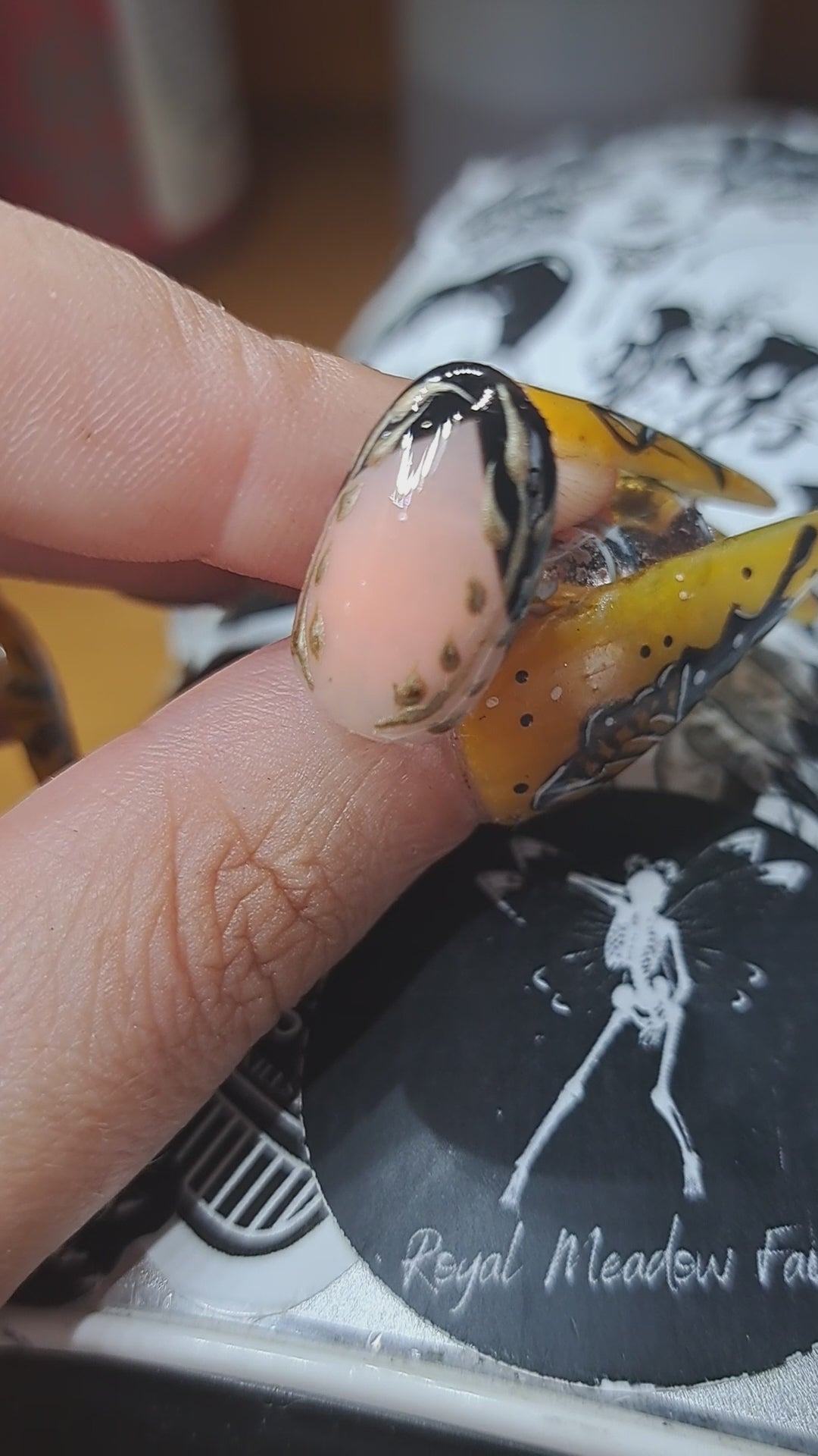 nude uk press on nails with french tip and gold vine nail art design