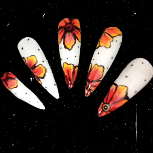white press on nail extensions with sunset orange red and yellow flower nail art